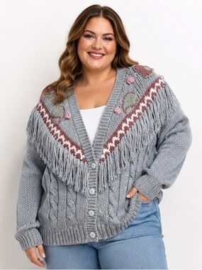 vintage Classic Expressions hand knitting Embroidered Fringe Cable Cardigan 24W‎